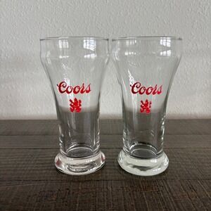 Coors Beer Pilsner Glasses Clear Red Vintage Logo Lion Crest Set of 2